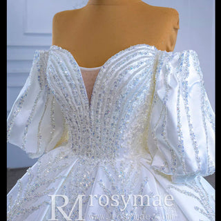 Luxury Beaded Sparkly Ball Gown Puffy Wedding Gown with Bishop Sleeve - Rosymae