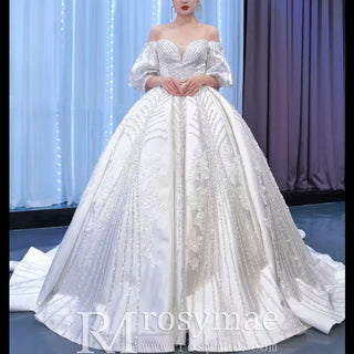 Luxury Beaded Sparkly Ball Gown Puffy Wedding Gown with Bishop Sleeve - Rosymae