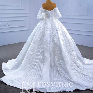 Luxury Beaded Sparkly Ball Gown Puffy Wedding Gown with Bishop Sleeve - Rosymae