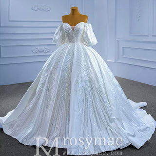 Luxury Beaded Sparkly Ball Gown Puffy Wedding Gown with Bishop Sleeve - Rosymae