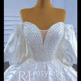 Luxury Beaded Sparkly Ball Gown Puffy Wedding Gown with Bishop Sleeve - Rosymae