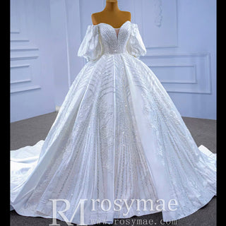 Luxury Beaded Sparkly Ball Gown Puffy Wedding Gown with Bishop Sleeve - Rosymae