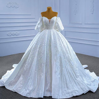 Luxury Beaded Sparkly Ball Gown Puffy Wedding Gown with Bishop Sleeve - Rosymae
