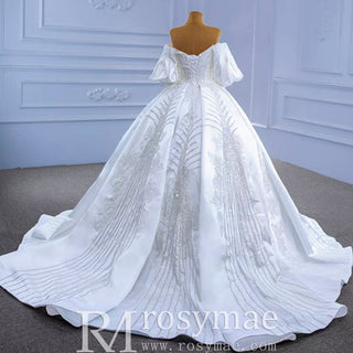 Luxury Beaded Sparkly Ball Gown Puffy Wedding Gown with Bishop Sleeve - Rosymae