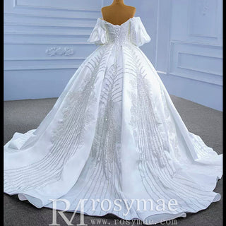 Luxury Beaded Sparkly Ball Gown Puffy Wedding Gown with Bishop Sleeve - Rosymae
