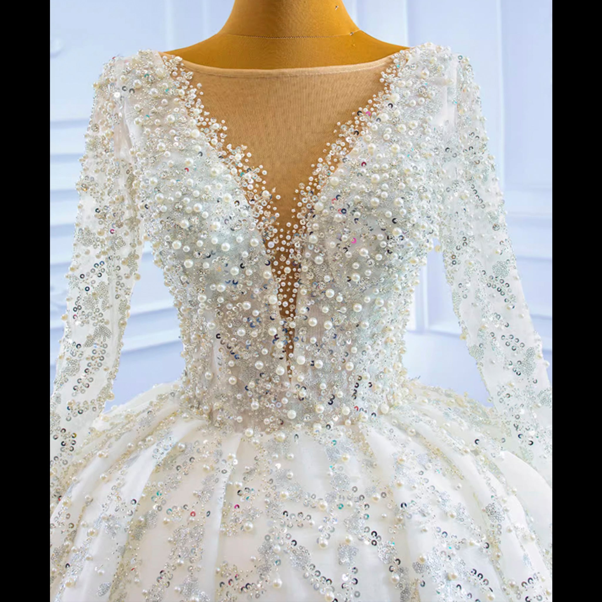 Luxury Beaded Sparkly Ball Gown Wedding Dress with Long Sleeve - Rosymae