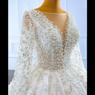Luxury Beaded Sparkly Ball Gown Wedding Dress with Long Sleeve - Rosymae