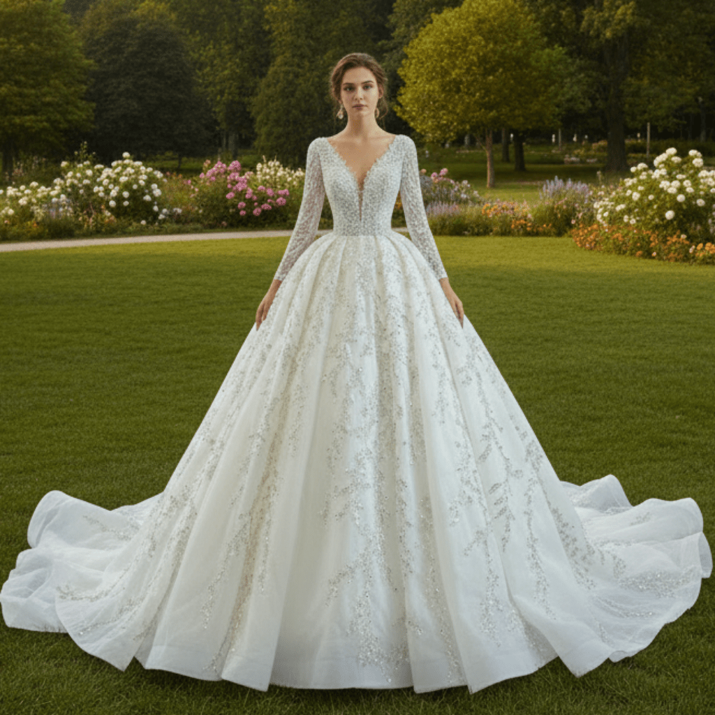 Luxury Beaded Sparkly Ball Gown Wedding Dress with Long Sleeve - Rosymae