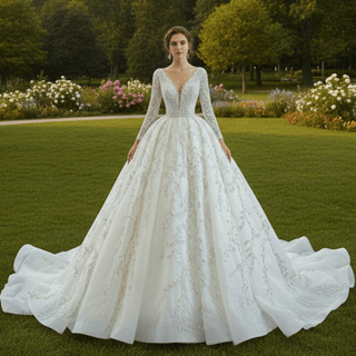 Luxury Beaded Sparkly Ball Gown Wedding Dress with Long Sleeve - Rosymae