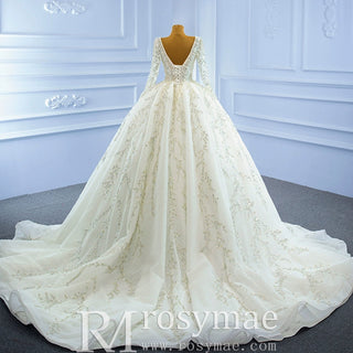 Luxury Beaded Sparkly Ball Gown Wedding Dress with Long Sleeve - Rosymae