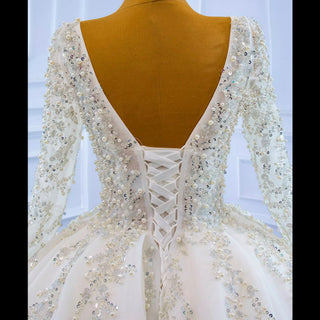 Luxury Beaded Sparkly Ball Gown Wedding Dress with Long Sleeve - Rosymae