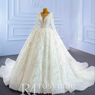Luxury Beaded Sparkly Ball Gown Wedding Dress with Long Sleeve - Rosymae