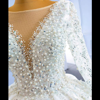 Luxury Beaded Sparkly Ball Gown Wedding Dress with Long Sleeve - Rosymae