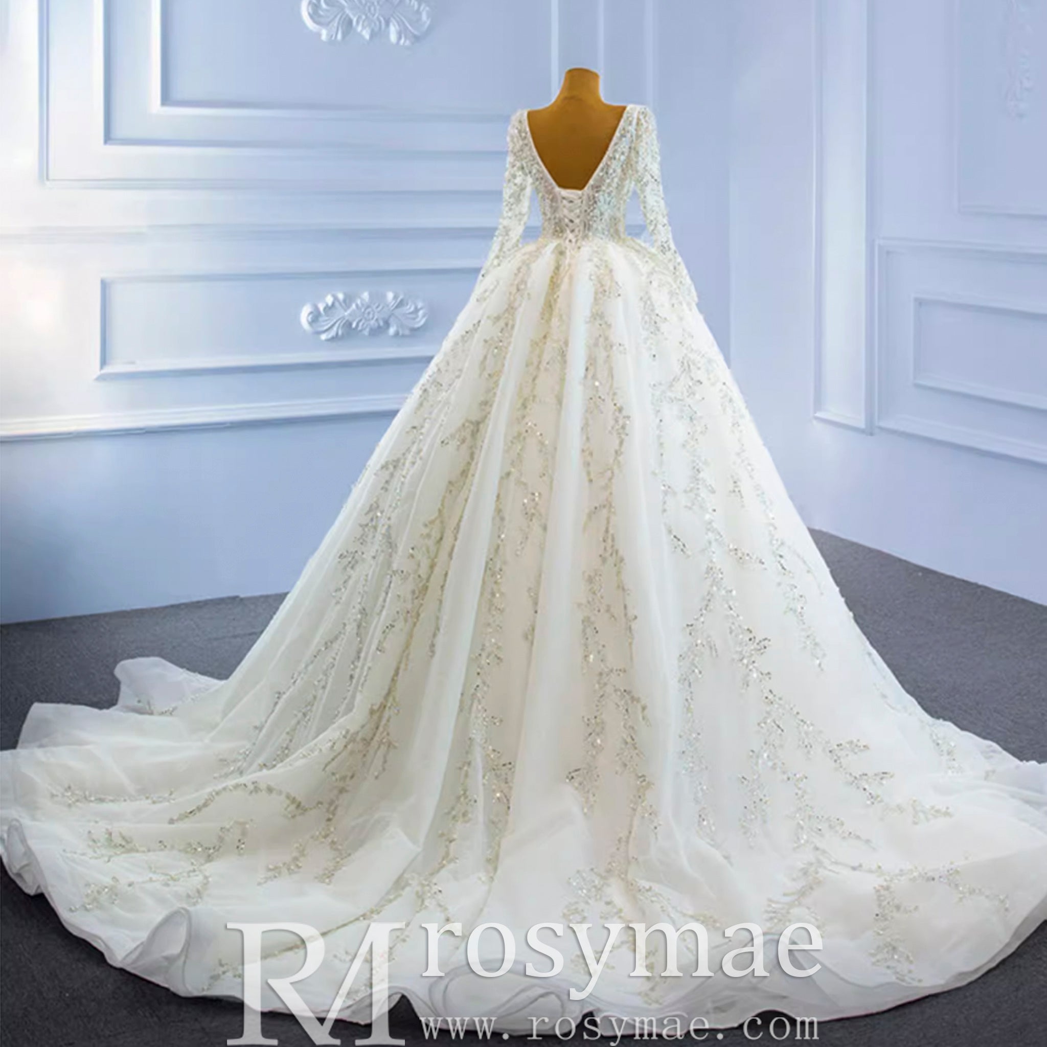 Luxury Beaded Sparkly Ball Gown Wedding Dress with Long Sleeve - Rosymae