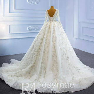 Luxury Beaded Sparkly Ball Gown Wedding Dress with Long Sleeve - Rosymae