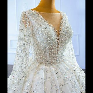 Luxury Beaded Sparkly Ball Gown Wedding Dress with Long Sleeve - Rosymae