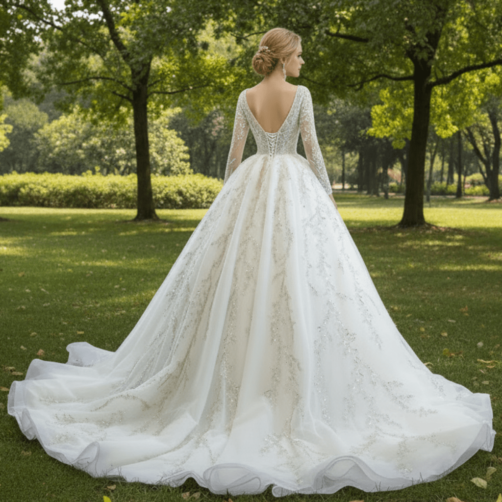 Luxury Beaded Sparkly Ball Gown Wedding Dress with Long Sleeve - Rosymae