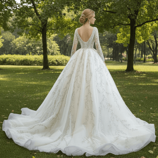 Luxury Beaded Sparkly Ball Gown Wedding Dress with Long Sleeve - Rosymae