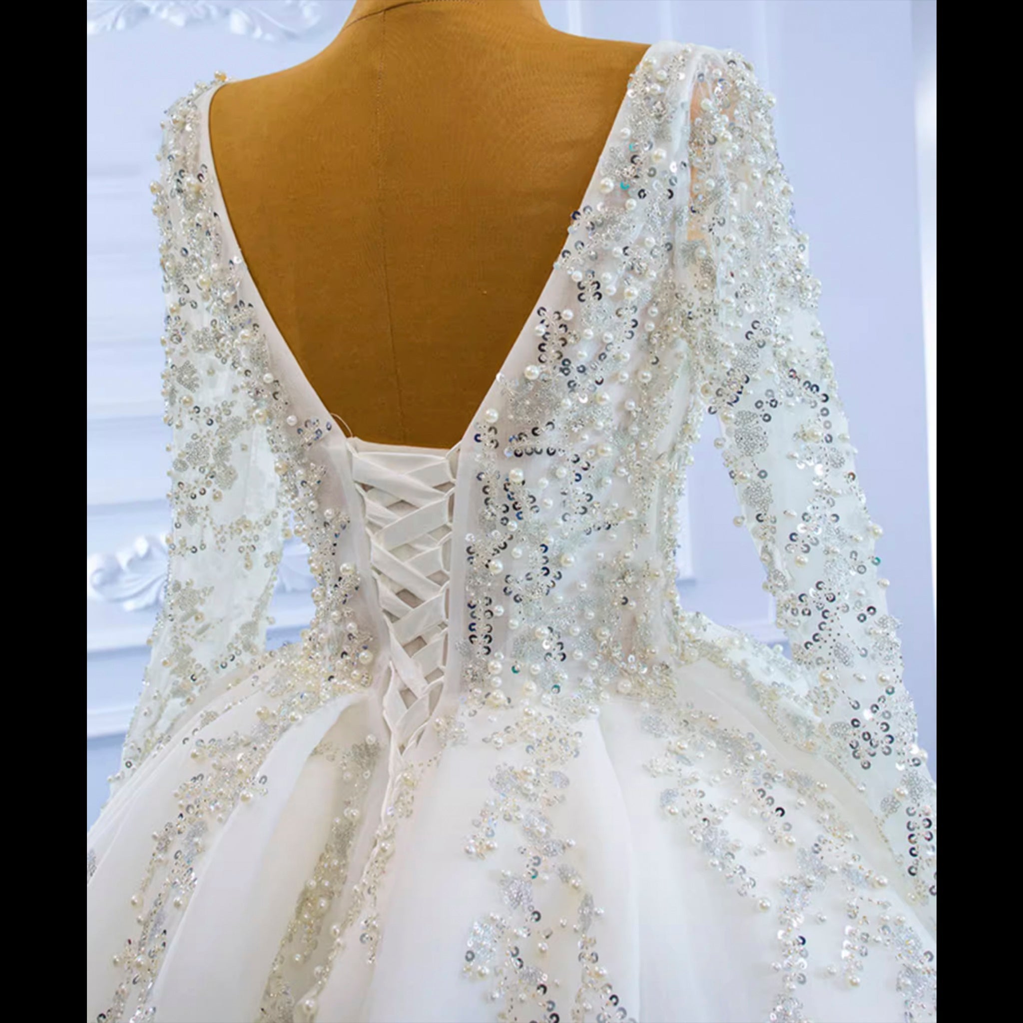 Luxury Beaded Sparkly Ball Gown Wedding Dress with Long Sleeve - Rosymae