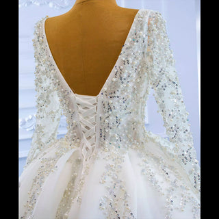 Luxury Beaded Sparkly Ball Gown Wedding Dress with Long Sleeve - Rosymae