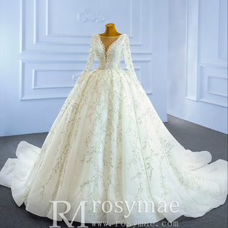 Luxury Beaded Sparkly Ball Gown Wedding Dress with Long Sleeve - Rosymae