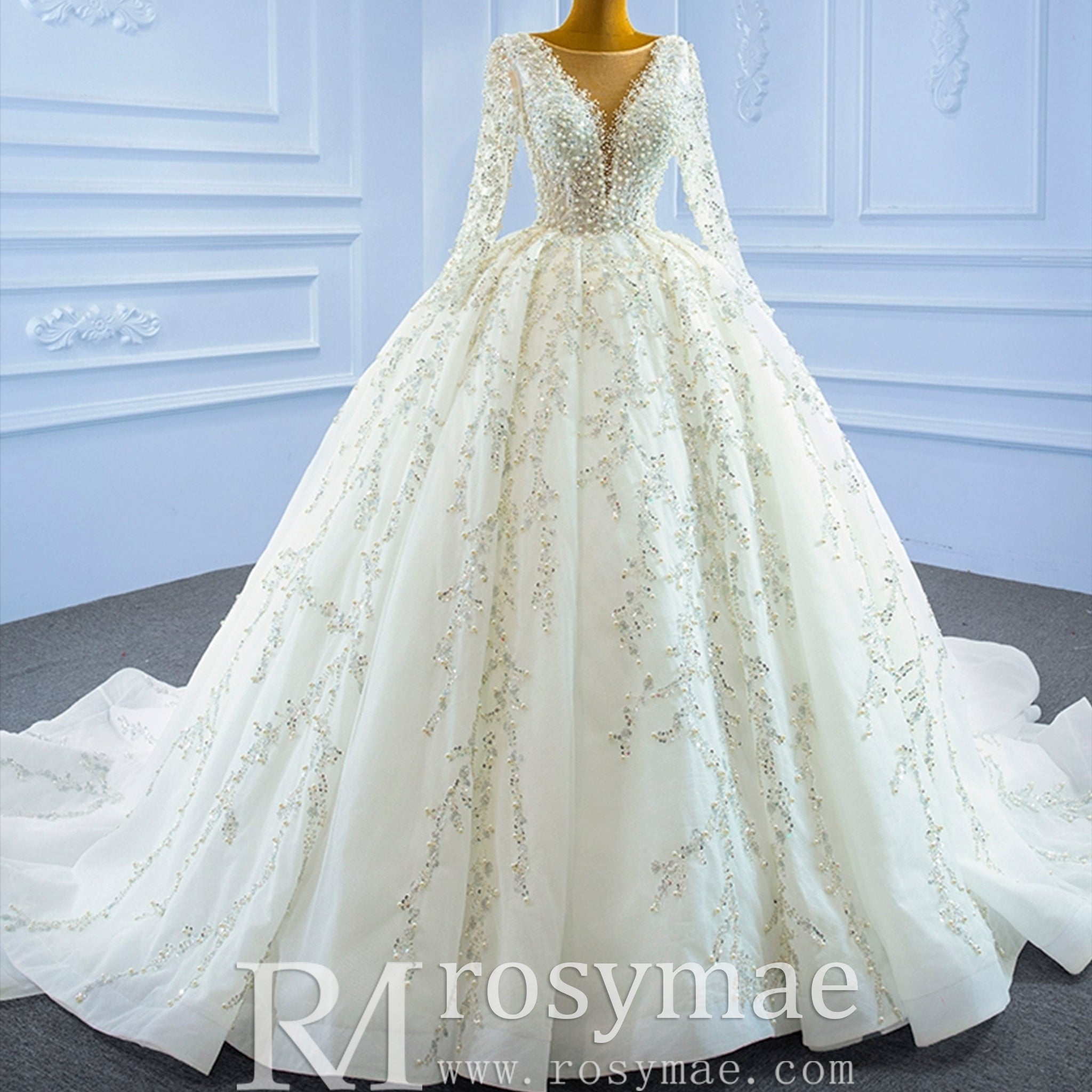 Luxury Beaded Sparkly Ball Gown Wedding Dress with Long Sleeve - Rosymae