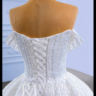 Luxury Beaded Sparkly Ball Gown Wedding Dress with Off the Shoulder - Rosymae