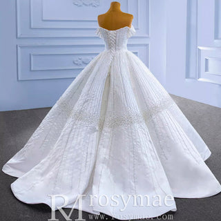 Luxury Beaded Sparkly Ball Gown Wedding Dress with Off the Shoulder - Rosymae