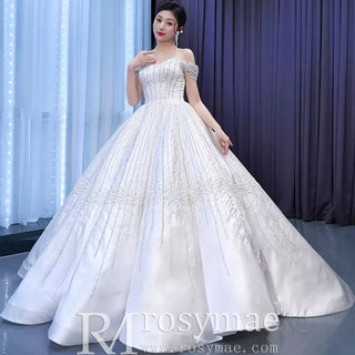 Luxury Beaded Sparkly Ball Gown Wedding Dress with Off the Shoulder - Rosymae