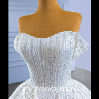 Luxury Beaded Sparkly Ball Gown Wedding Dress with Off the Shoulder - Rosymae