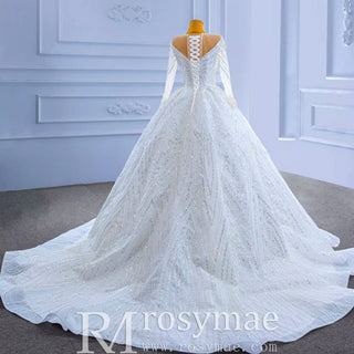 Luxury Beaded Sparkly Puffy Wedding Dress with Long Sleeves - Rosymae