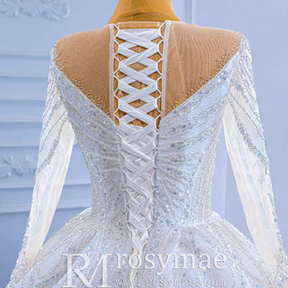 Luxury Beaded Sparkly Puffy Wedding Dress with Long Sleeves - Rosymae