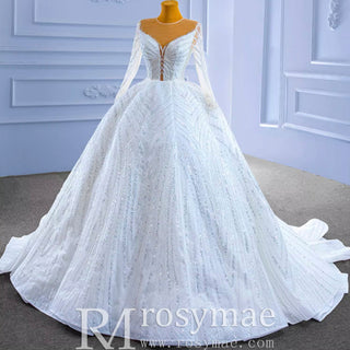 Luxury Beaded Sparkly Puffy Wedding Dress with Long Sleeves - Rosymae