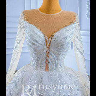 Luxury Beaded Sparkly Puffy Wedding Dress with Long Sleeves - Rosymae