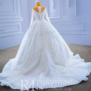 Luxury Beaded Sparkly Puffy Wedding Dress with Long Sleeves - Rosymae