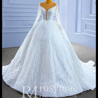 Luxury Beaded Sparkly Puffy Wedding Dress with Long Sleeves - Rosymae