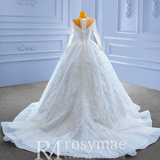 Luxury Beaded Sparkly Puffy Wedding Dress with Long Sleeves - Rosymae