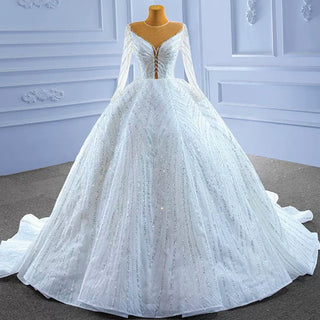Luxury Beaded Sparkly Puffy Wedding Dress with Long Sleeves - Rosymae