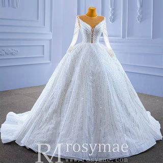 Luxury Beaded Sparkly Puffy Wedding Dress with Long Sleeves - Rosymae
