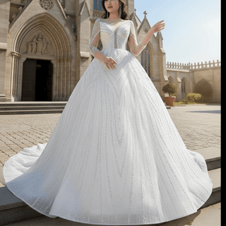 Luxury Beaded Sparkly Puffy Wedding Dress with Long Sleeves - Rosymae