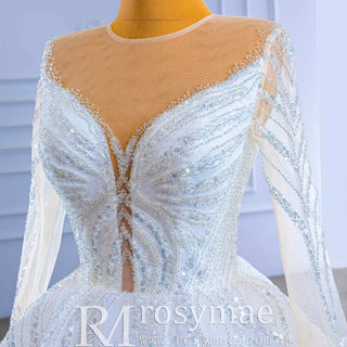 Luxury Beaded Sparkly Puffy Wedding Dress with Long Sleeves - Rosymae
