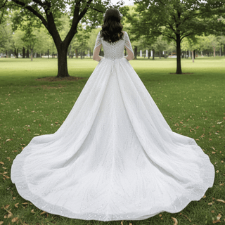 Luxury Beaded Sparkly Puffy Wedding Dress with Long Sleeves - Rosymae