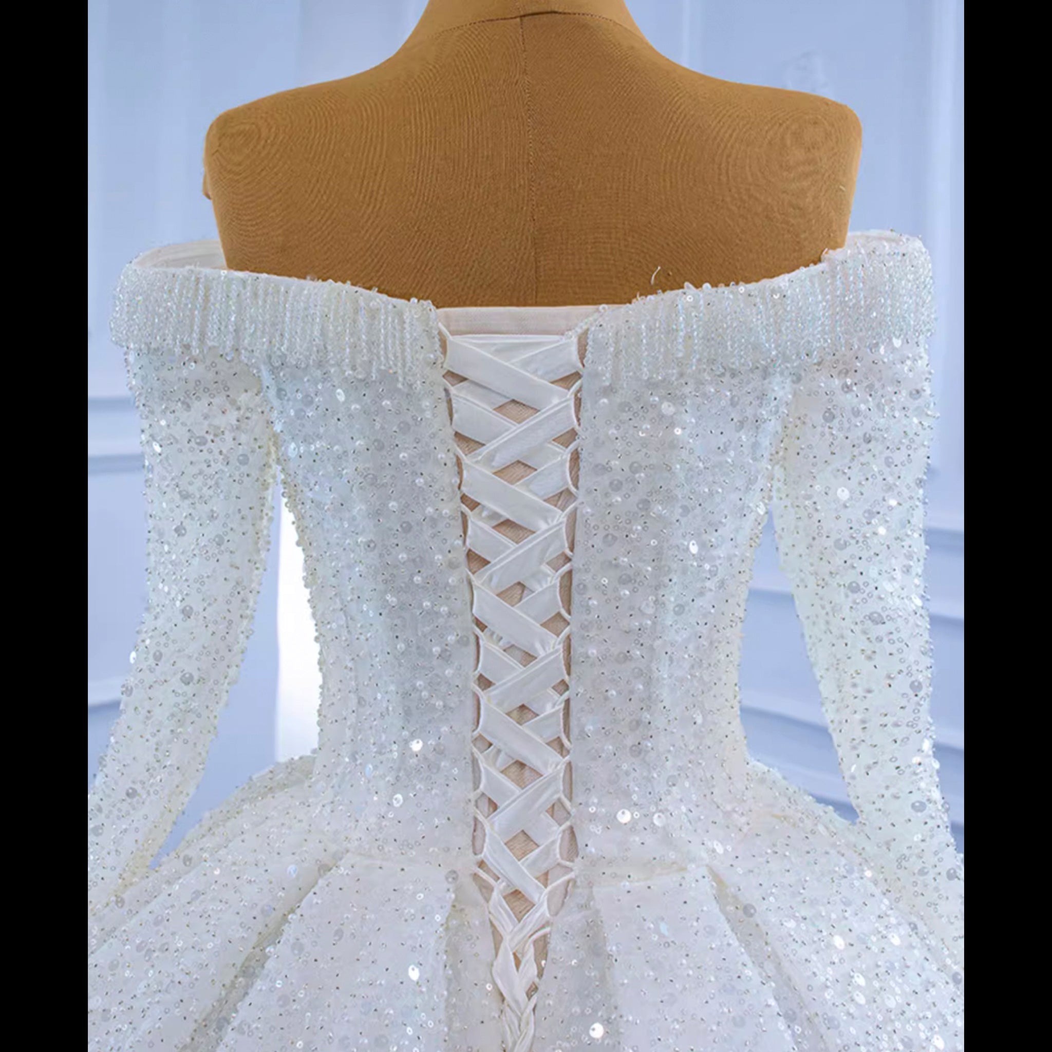 Luxury Beaded Sparkly Wedding Dress with Off the Shoulder Long Sleeve - Rosymae