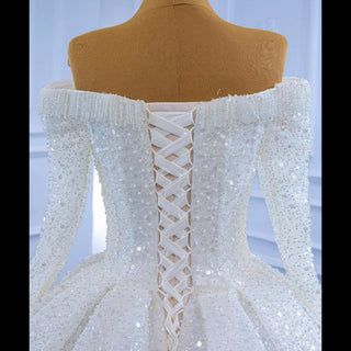 Luxury Beaded Sparkly Wedding Dress with Off the Shoulder Long Sleeve - Rosymae