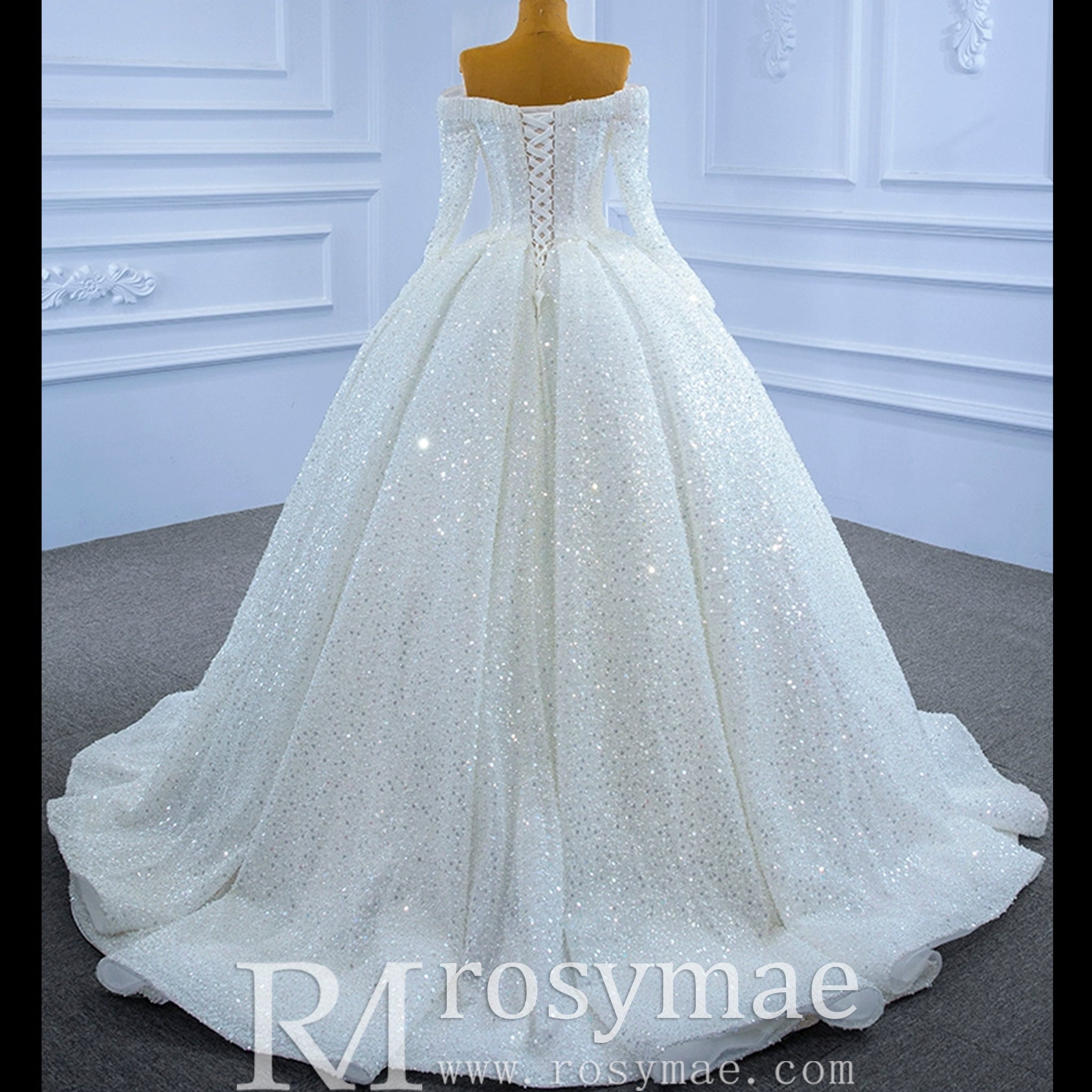 Luxury Beaded Sparkly Wedding Dress with Off the Shoulder Long Sleeve - Rosymae