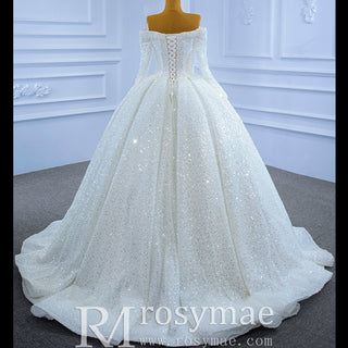 Luxury Beaded Sparkly Wedding Dress with Off the Shoulder Long Sleeve - Rosymae