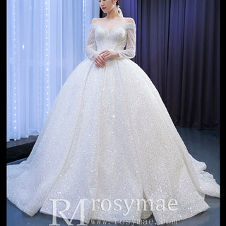 Luxury Beaded Sparkly Wedding Dress with Off the Shoulder Long Sleeve - Rosymae