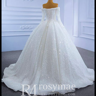 Luxury Beaded Sparkly Wedding Dress with Off the Shoulder Long Sleeve - Rosymae