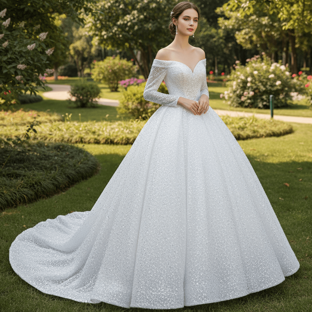 Luxury Beaded Sparkly Wedding Dress with Off the Shoulder Long Sleeve - Rosymae