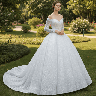 Luxury Beaded Sparkly Wedding Dress with Off the Shoulder Long Sleeve - Rosymae
